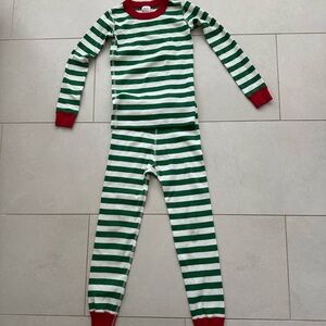Hanna Andersson Green and White Striped Pajamas with Red Trim 6-7y